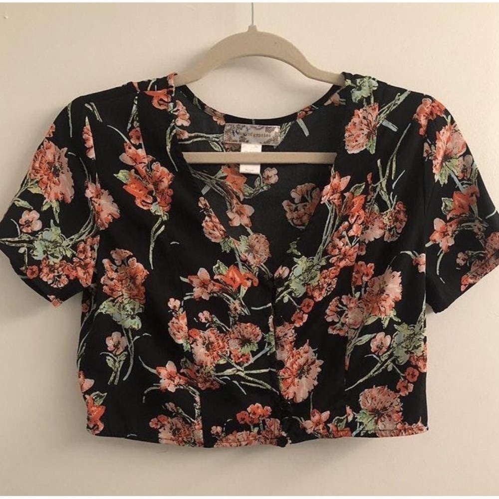 Tropical floral black crop top